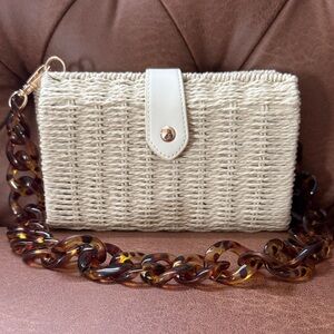 a new day Cream Woven Clutch with removable Tortoise Chain NWOT